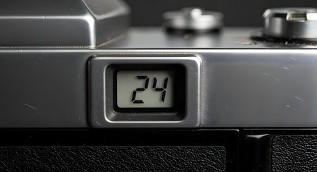 A macro close-up of a vintage 35mm film camera's mechanical frame counter, showing the number 24. The counter is set into the scratched, silver metal top plate of the retro camera.の素材