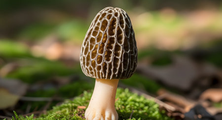 A close-up shot of a single wild morel mushroom growing on a mossy forest floor, illuminated by sunlight. The mushroom's distinctive honeycomb cap is in sharp focus, with a blurred green and brown background.の素材
