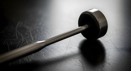 A close-up, minimalist photograph of a metal tuning fork lying on a dark, scratched surface. The image is shot with dramatic lighting, highlighting the fork's metallic sheen, shadow, and the texture of the surface. It represents music, sound, frequency, and vibration.の素材