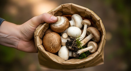 A person's hand holds open a brown paper bag filled with freshly foraged mushrooms, including crimini and button mushrooms. The blurred forest background suggests an outdoor, natural, and organic food-gathering experience.の素材