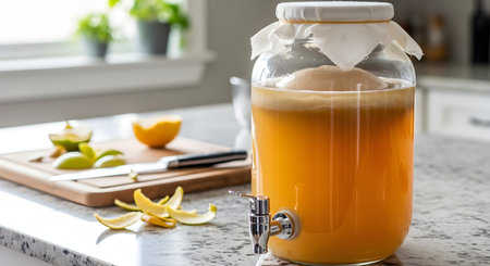 A large glass jar dispenser, covered with a cloth, is filled with home-brewed kombucha, showing a healthy SCOBY floating on top. In the blurred background, lemons and limes are being sliced on a wooden cutting board in a bright, modern kitchen.の素材