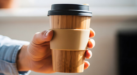 A person's hand holds a reusable travel mug made from bamboo with a silicone lid and sleeve, illuminated by sunlight. This image promotes a sustainable, zero-waste lifestyle by avoiding single-use cups, representing eco-consciousness and love for coffee on the go.の素材