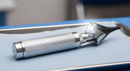 A close-up of a metal otoscope (auriscope) lying on a blue medical tray in a doctor's office. The light on the instrument is turned on. This tool is used for examining the ear, representing healthcare, medicine, and a medical checkup.の素材