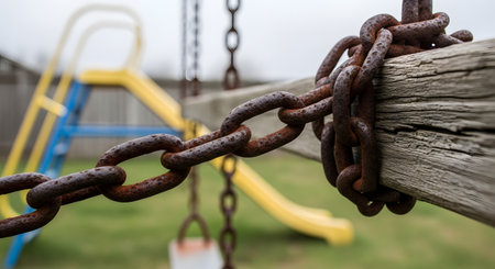 A close-up of a thick, rusty chain wrapped around an old wooden beam, part of a swing set. In the blurred background, a yellow slide and another swing are visible in a grassy yard. This image evokes feelings of nostalgia, disrepair, or a forgotten childhood.の素材