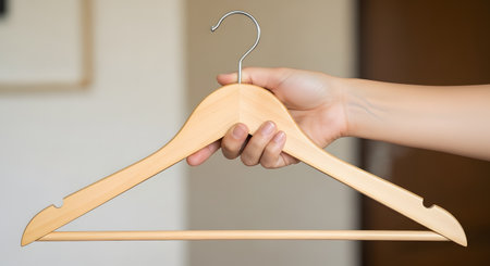 A close-up of a person's hand holding a single, empty wooden clothes hanger. The background is a softly blurred room, creating a minimalist concept related to fashion, laundry, decluttering, or an empty closet.の素材