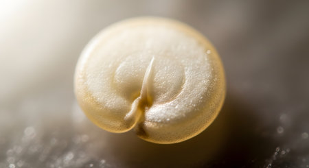 An extreme macro photograph of a single, uncooked quinoa seed on a dark surface. The intricate texture and the tiny germ of the grain are visible in sharp detail, highlighted by soft light.の素材
