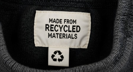A close-up shot of a clothing label sewn into the collar of a dark grey knit sweater. The tag clearly reads 'MADE FROM RECYCLED MATERIALS' and features the universal recycling symbol, representing sustainable fashion and eco-friendly practices.の素材