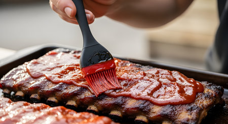 A close-up of a hand using a black and red silicone brush to generously baste barbecue sauce onto a rack of cooked pork ribs. The ribs are on a baking tray, ready for grilling or baking, representing a delicious summer BBQ.の素材
