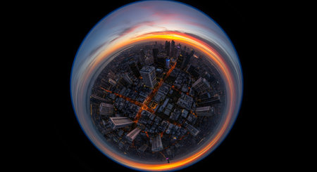 A dramatic fisheye lens shot captures an entire city skyline at sunset, creating a spherical, planet-like effect. The glowing city lights contrast with the colorful twilight sky. This image represents urbanization, global perspective, and modern city life.の素材
