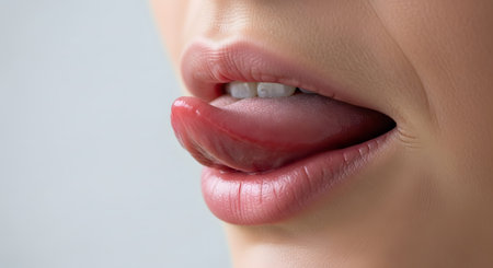 An extreme close-up macro shot of a woman's mouth as she sensually licks her soft, pink lips with her tongue. The image highlights the texture of the lips and can represent taste, desire, or anticipation.の素材