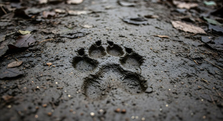 A detailed close-up of a single animal paw print pressed into wet, dark mud on a forest floor, surrounded by fallen leaves. The track could belong to a dog, wolf, or other canine. This image represents wildlife, nature, tracking, hiking, and the outdoors.の素材