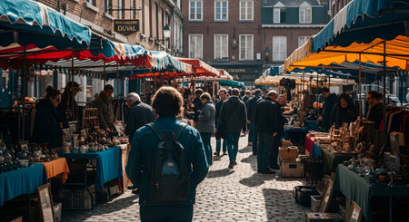 A person viewed from behind, wearing a denim jacket and backpack, strolls through a bustling outdoor flea market in a historic European city. The cobblestone street is lined with stalls selling antiques and various goods under colorful awnings, creating a lively travel scene.の素材