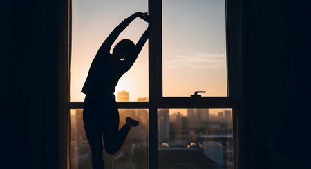 The silhouette of a woman is captured as she performs a morning stretch with her arms raised, standing in front of a large window. The warm light of the sunrise or sunset illuminates the city skyline in the background, representing wellness, a new day, and a healthy lifestyle.の素材