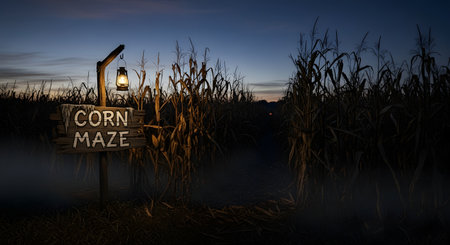 A spooky, weathered wooden sign reads 'CORN MAZE' at the entrance to a dark cornfield at dusk. A lit lantern hangs from the post, illuminating the sign, while fog gathers on the path. The scene evokes a sense of mystery and Halloween.の素材