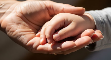 A close-up, tender shot of an adult's wrinkled hand gently cupping and holding the small, soft hand of a child. The warm, natural sunlight illuminates the hands, symbolizing love, care, protection, family, and connection between generations.の素材