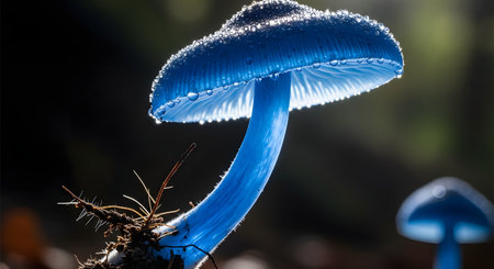 A surreal macro photograph of a single, vibrant blue mushroom, glowing in a dark forest. The cap is covered in sparkling dew drops, and the delicate gills are visible, creating a magical, fantasy, or bioluminescent-like scene.の素材