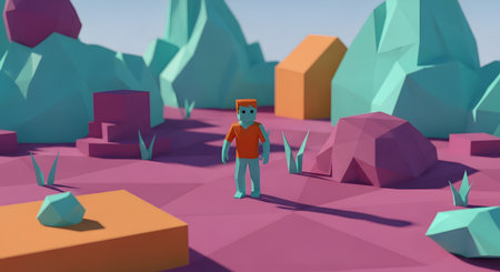 A low-poly 3D character stands in a vibrant and stylized landscape made of colorful geometric shapes and polygons. This digital art piece represents concepts like the metaverse, virtual reality (VR), gaming, avatars, and abstract digital worlds.の素材