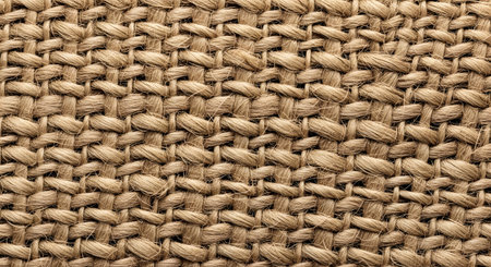 An extreme close-up, macro photograph of a tightly woven brown burlap or jute fabric. The intricate details of the natural, rustic fibers and the weave pattern are clearly visible. This serves as a textured background.の素材