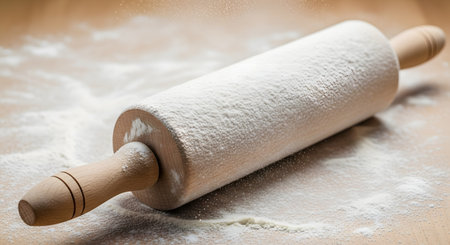 A wooden rolling pin, lightly covered in white flour, rests on a floured wooden countertop. Flour is also sprinkled in the air, capturing the creative and preparatory process of baking bread, pizza, or pastries.の素材