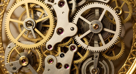 A detailed macro shot of the inner workings of a clock or watch, revealing a complex and intricate mechanism of interlocking brass and steel gears. The image symbolizes precision, time, engineering, and complexity.の素材
