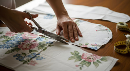 A close-up shot of a seamstress's hands using large metal shears to cut a piece of white fabric with a pink and blue floral pattern. A paper pattern and a yellow measuring tape are visible on the wooden table, illustrating sewing, tailoring, and crafting.の素材