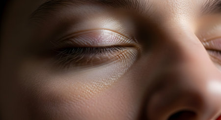 An extreme macro photograph of a person's closed eye, showing the delicate eyelashes and the detailed texture of the eyelid skin. The image is softly lit, evoking a sense of peace, rest, or contemplation.の素材