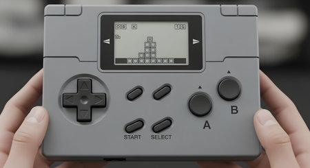 A close-up of two hands holding a gray, retro-style handheld gaming console, reminiscent of classic 8-bit devices. The screen displays a block-stacking puzzle game in progress.の素材
