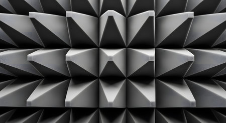 A close-up, abstract, monochrome shot of acoustic foam panels used for soundproofing. The geometric, anechoic pattern of pyramids creates a textured background, representing sound absorption, recording studios, and silence.の素材