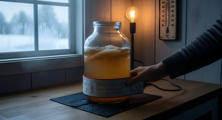 A large glass jar of kombucha with a SCOBY is being brewed on a wooden counter, using a special heating wrap to maintain temperature during a cold, snowy day seen through the window. This image represents the hobby of homebrewing, fermentation, and creating healthy probiotic drinks.の素材