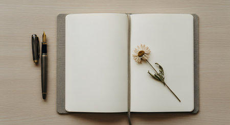 A top-down flat lay of an open notebook with blank pages on a wooden desk. A classic fountain pen rests beside it, and a single dried daisy lies on the page, creating a gentle, nostalgic, and creative atmosphere. This represents journaling, writing, or poetry.の素材