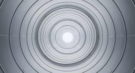 A view down a long, abstract, futuristic tunnel made of concentric metallic rings. The symmetrical, silver corridor creates a vanishing point perspective, leading to a bright white light at the end.の素材