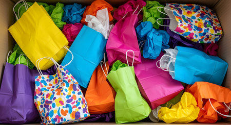 A top-down view of a cardboard box filled with an assortment of colorful paper gift bags and crumpled tissue paper. The vibrant collection (yellow, blue, pink, purple) represents parties, birthdays, celebrations, and gift-giving.の素材