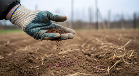 A farmer's gloved hand is shown dropping small seeds into the fertile, prepared soil of a plowed field. The action of sowing represents agriculture, planting season, new beginnings, growth, and hope for a future harvest.の素材