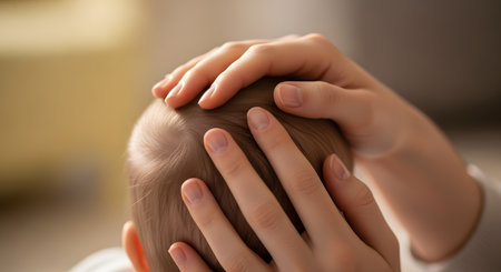 A close-up shot of a mother's hands gently caressing the head of her newborn baby. The focus is on the tender, protective gesture, showing love and care.の素材