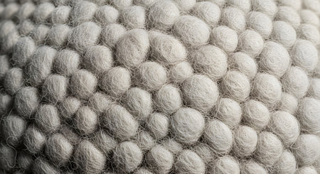 An abstract macro photograph of a grey, felted wool texture, composed of many small, bubbled, or pebbled spheres. The soft, nubbly surface creates a cozy, warm, and detailed background pattern.の素材