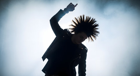 A dramatic silhouette of a young man with a spiky mohawk hairstyle, characteristic of the punk rock subculture. He is backlit by a bright light, with smoke in the air, raising his hand in a classic rock gesture during a concert or performance.の素材