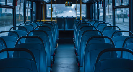 The view from the back of an empty public bus, looking down the symmetrical aisle of blue seats towards the front windshield. The cool, blueish light creates a quiet, lonely, or peaceful atmosphere, representing public transportation and urban commuting.の素材