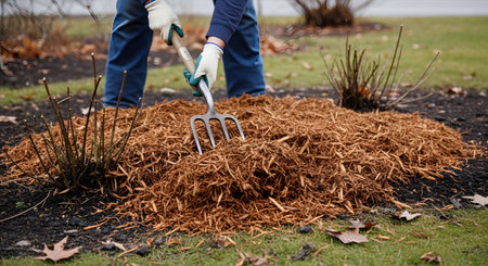 A person wearing work gloves uses a pitchfork to spread fresh brown wood chip mulch around plants in a garden bed. This seasonal landscaping activity helps retain moisture, suppress weeds, and improve soil health.の素材