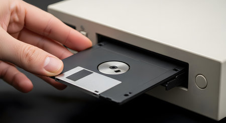 A close-up shot of a hand inserting a black 3.5-inch floppy disk into the disk drive of an old, beige vintage computer or external drive. The image evokes nostalgia, obsolete technology, and data storage from the 1990s. The background is dark, focusing on the action.の素材