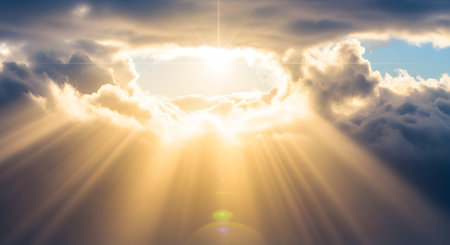Dramatic sunbeams, or crepuscular rays, break through an opening in the clouds, illuminating the sky with a brilliant golden light. This powerful and awe-inspiring image symbolizes hope, faith, divinity, and new beginnings.の素材