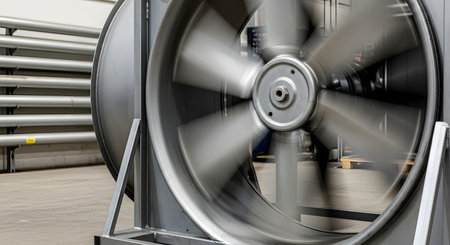 A large, powerful industrial fan is shown with its metal blades spinning rapidly, creating a motion blur effect. The ventilation equipment is in a factory or warehouse setting, symbolizing air circulation, cooling, power, and industrial processes.の素材