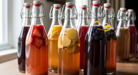 A row of glass swing-top bottles filled with colorful, homemade kombucha undergoing a second fermentation. Various fruits like strawberries, blueberries, lemon, and ginger are visible inside, infusing the probiotic tea.の素材