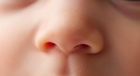 An extreme macro photograph showing the delicate and detailed texture of a newborn baby's tiny nose. The image, with its soft focus, highlights the innocence, purity, and perfect newness of an infant's skin.の素材