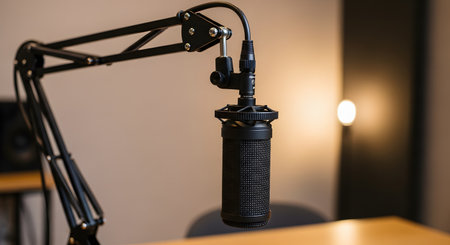 A professional black condenser microphone is mounted on a boom arm in a home studio or office setting. The setup is used for podcasting, streaming, voice-over recording, or broadcasting, with a warm light in the background.の素材