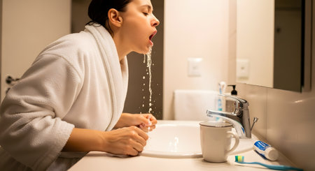 A woman in a white bathrobe leans over a bathroom sink, spitting out water after brushing her teeth. The modern bathroom setting includes a mirror, faucet, toothbrush, and toothpaste, part of a daily morning or evening hygiene routine.の素材