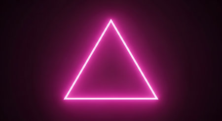 A bright, glowing pink neon triangle shape against a dark, moody background. The light from the triangle creates a soft pink aura, representing abstract, retro, or futuristic concepts.の素材