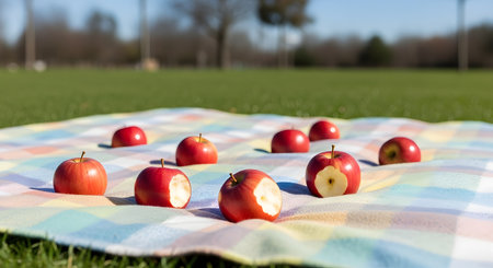 Several bright red apples are scattered on a colorful plaid picnic blanket, which is spread on a green grassy field. Three of the apples have a bite taken out of them. The background shows a sunny park with trees.の素材
