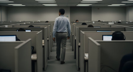 A man in business casual attire is seen from behind, walking down the central aisle of a large, anonymous office. The office is filled with rows of grey cubicles, and other employees are partially visible working, creating a mood of corporate routine and conformity.の素材