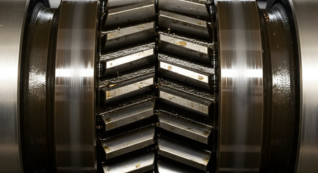 An extreme close-up, macro shot of oiled metal herringbone gears inside a gearbox or transmission. The interlocking teeth are coated in lubricant, highlighting the precision of industrial or automotive machinery.の素材
