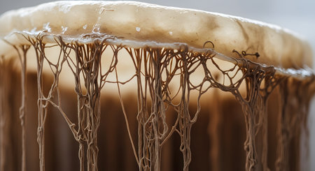 A macro close-up of a SCOBY (Symbiotic Culture Of Bacteria and Yeast) for kombucha, showing its slimy, fibrous, and stringy texture. The intricate, web-like strands hang down, illustrating the process of fermentation and the living organism. This abstract image highlights the details of microbiology and healthy probiotics.の素材